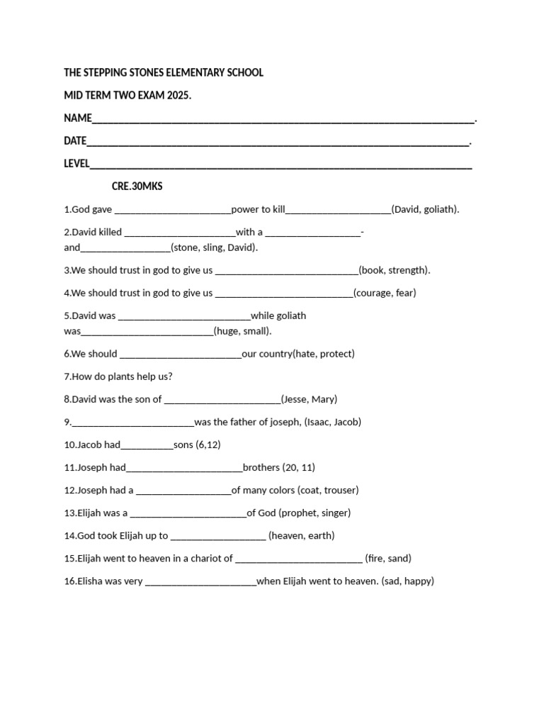 Stepping Stones Elementary Midterm Exam 2025 | PDF | Elijah