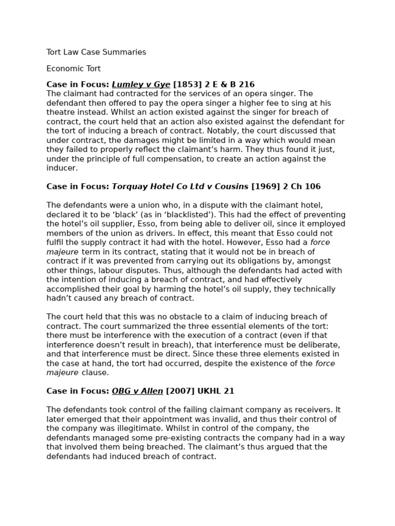 Economic Tort Case Summaries | PDF | Damages | Tort