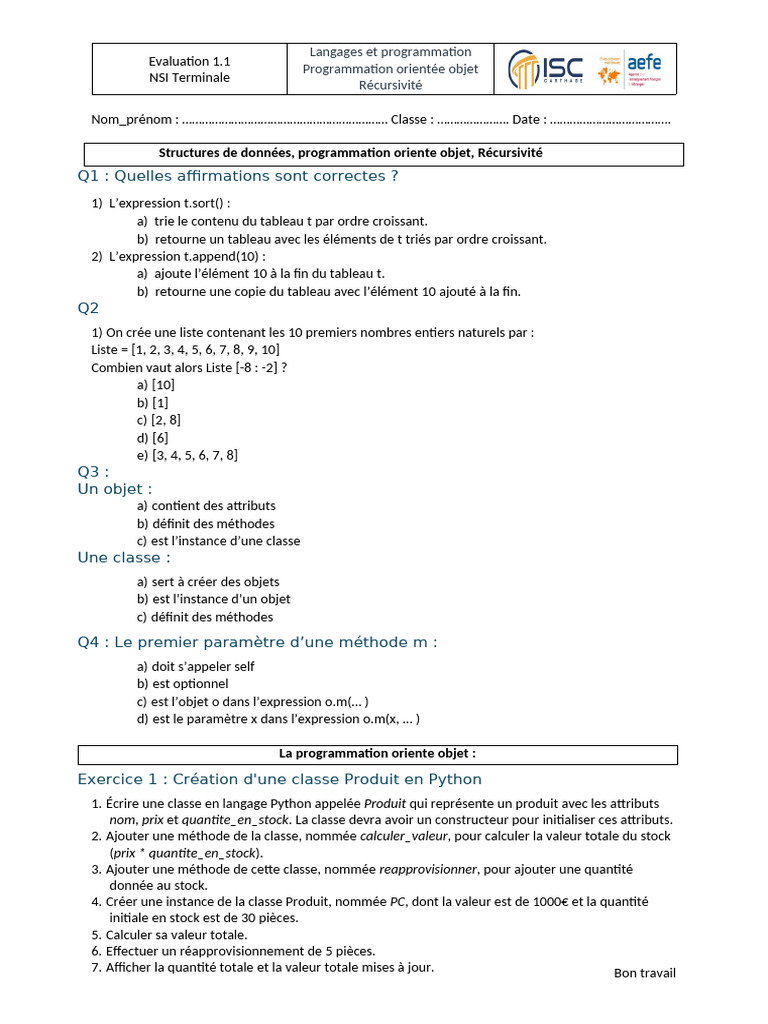 Évaluation NSI : Programmation Python | PDF | Python (Langage de ...
