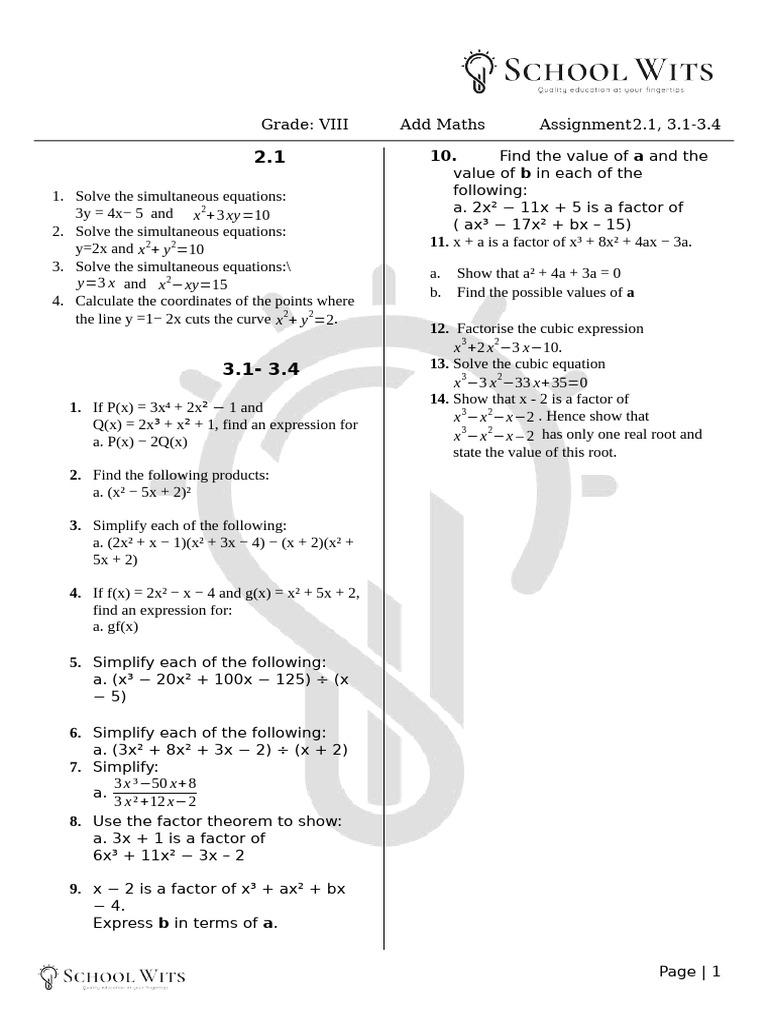 Add Maths 2.1, 3.1-3.4 Assignment | PDF | Equations | Mathematics