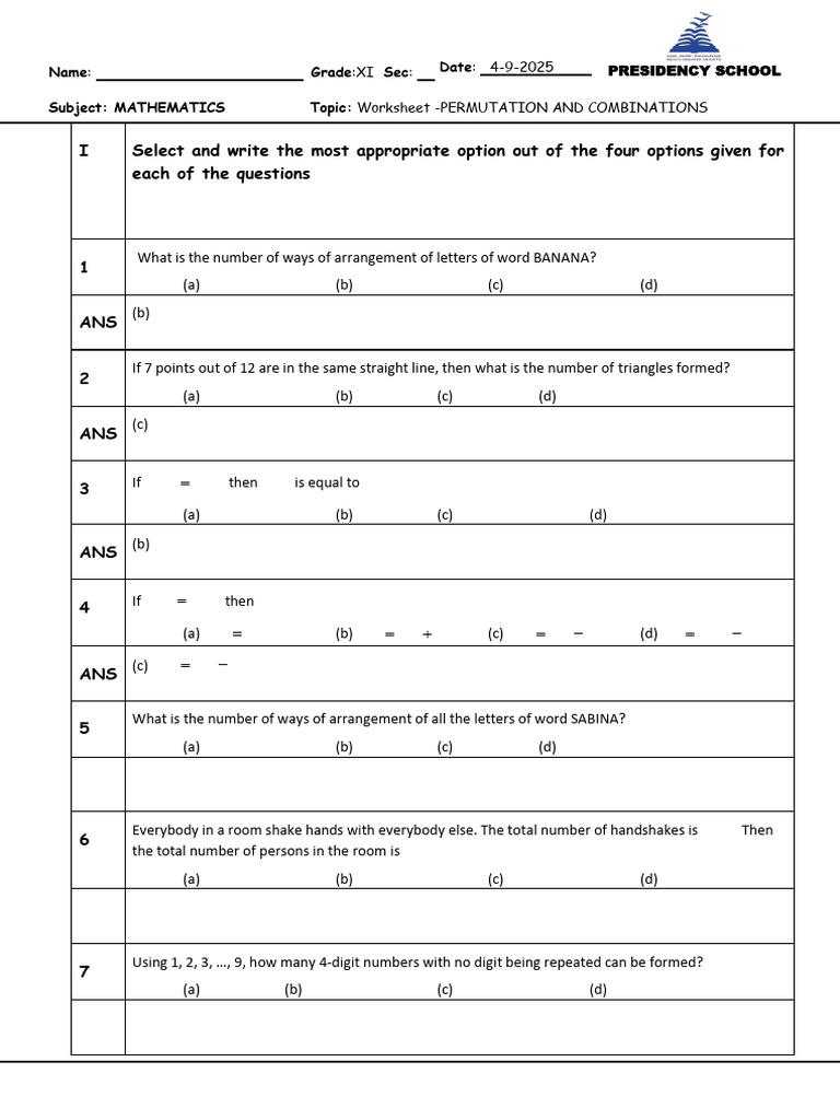 Permutations and Combinations Worksheet | PDF | Mathematics