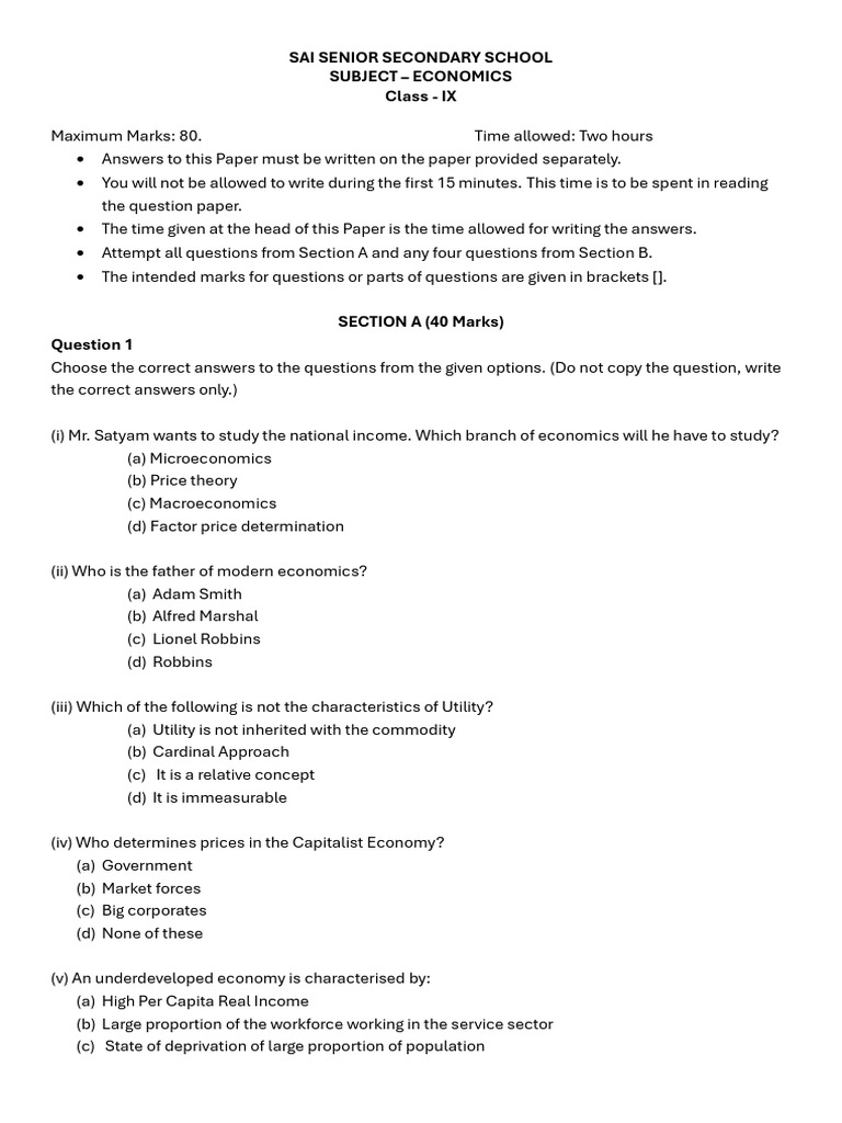 Class IX Economics Exam Paper Guide | PDF | Economics | Economies