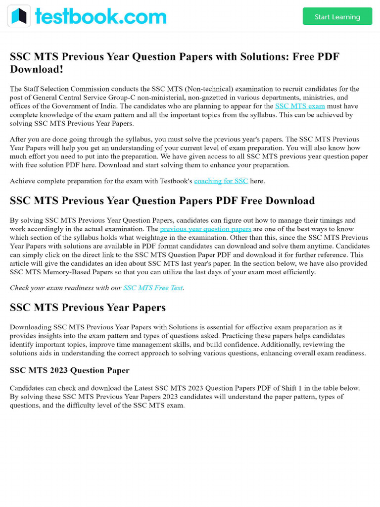 SSC MTS Previous Year Question Papers With Solutions - Free PDF ...