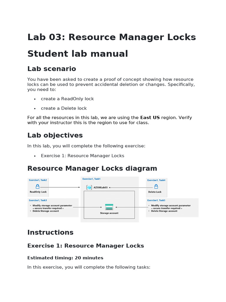 Resource Manager Locks Lab Guide | PDF | Cloud Computing | Microsoft Azure