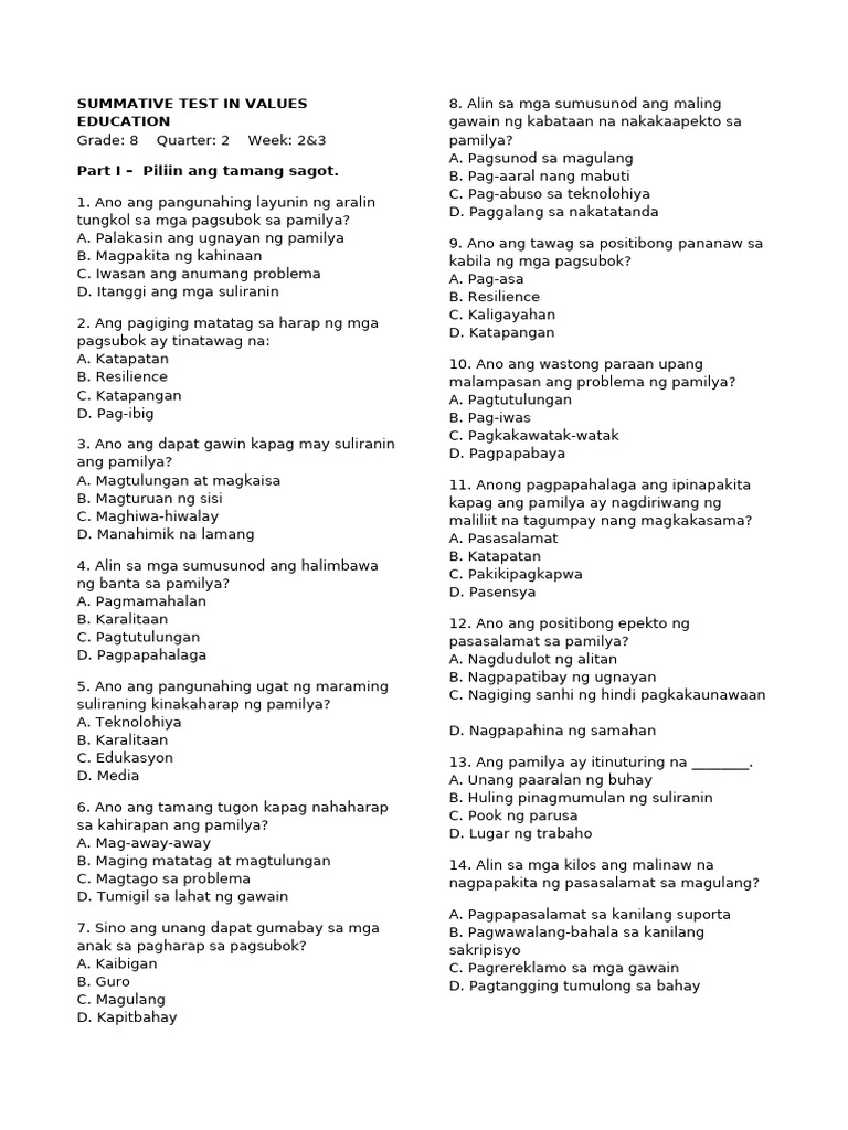 Val - Ed q2 - Summative Test in Values Education Week2&3 | PDF