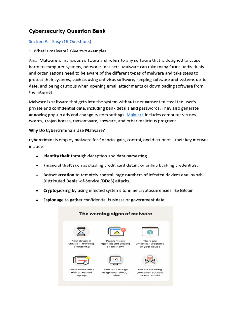 Cybersecurity Question Bank | PDF | Malware | Denial Of Service Attack