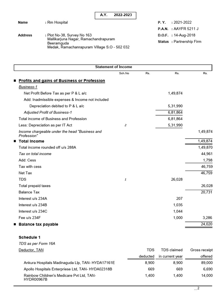 Rm Hospital Income Tax Statement 2022 | PDF | Income Statement | Economies