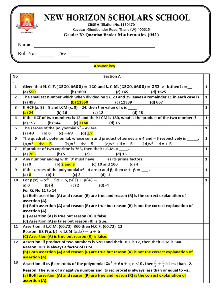 Q Bank PA1 Answer Key-1 Nhss | PDF | Zero Of A Function | Numbers