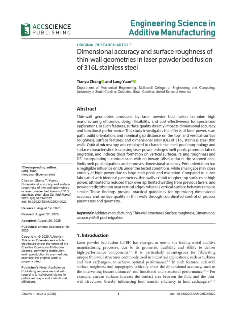 Dimensional Accuracy and Surface Roughness of Thin-Wall Geometries in ...