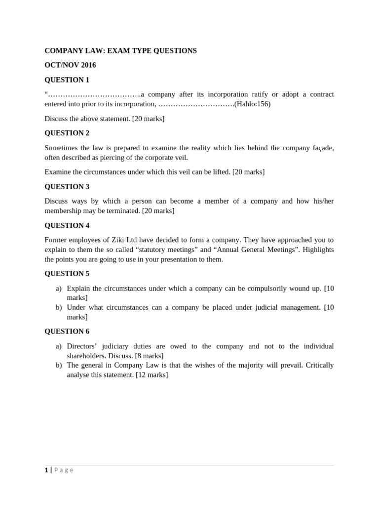 Company Law Exam Questions Overview | PDF | Board Of Directors | Justice
