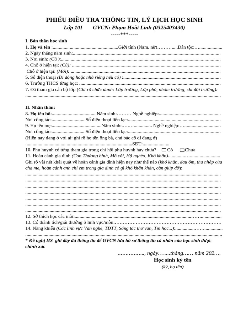 Phieu Dieu Tra Thong Tin Hoc Sinh | PDF