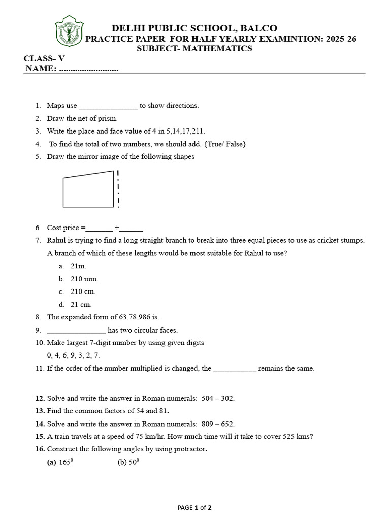 Class V Mathematics Half-Yearly Practice Paper | PDF