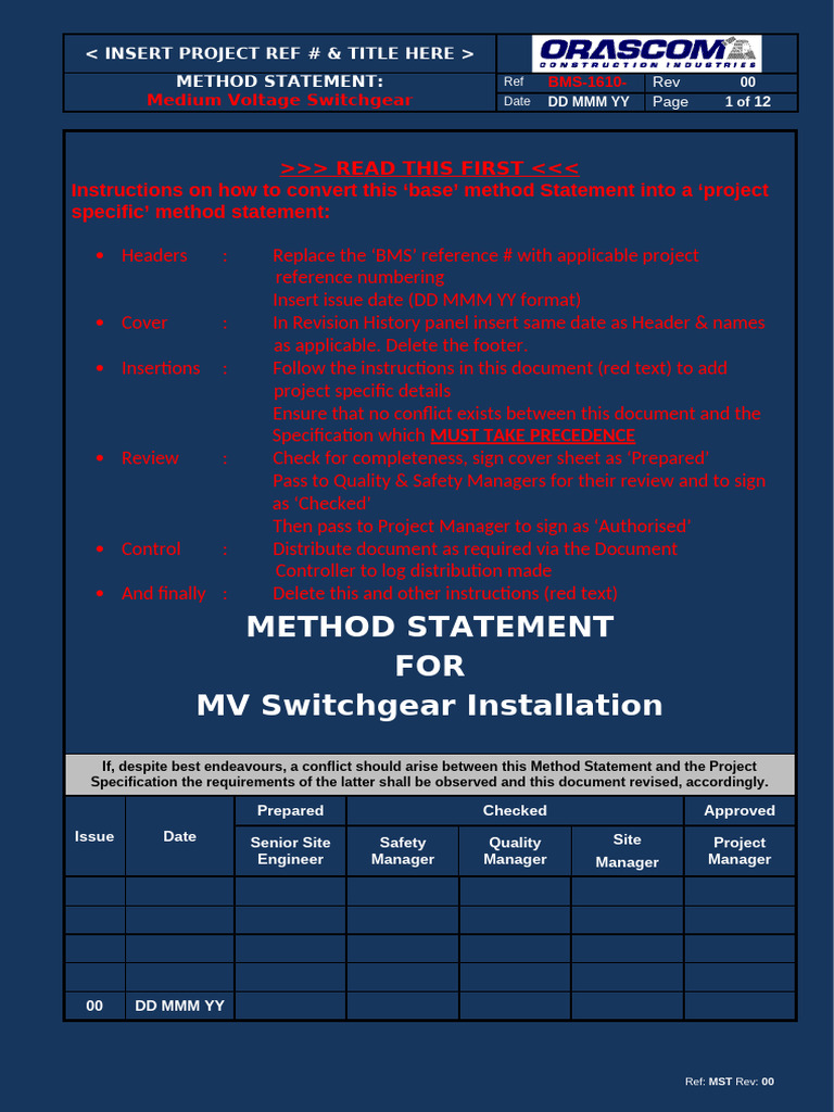 MV Switchgear Installation Method Statement | PDF | Crane (Machine) | Risk
