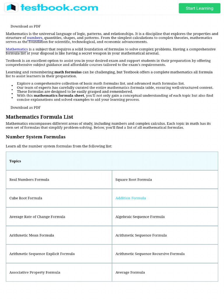 Learn All The Basic and Advanced Mathematics Formulas List Here | PDF
