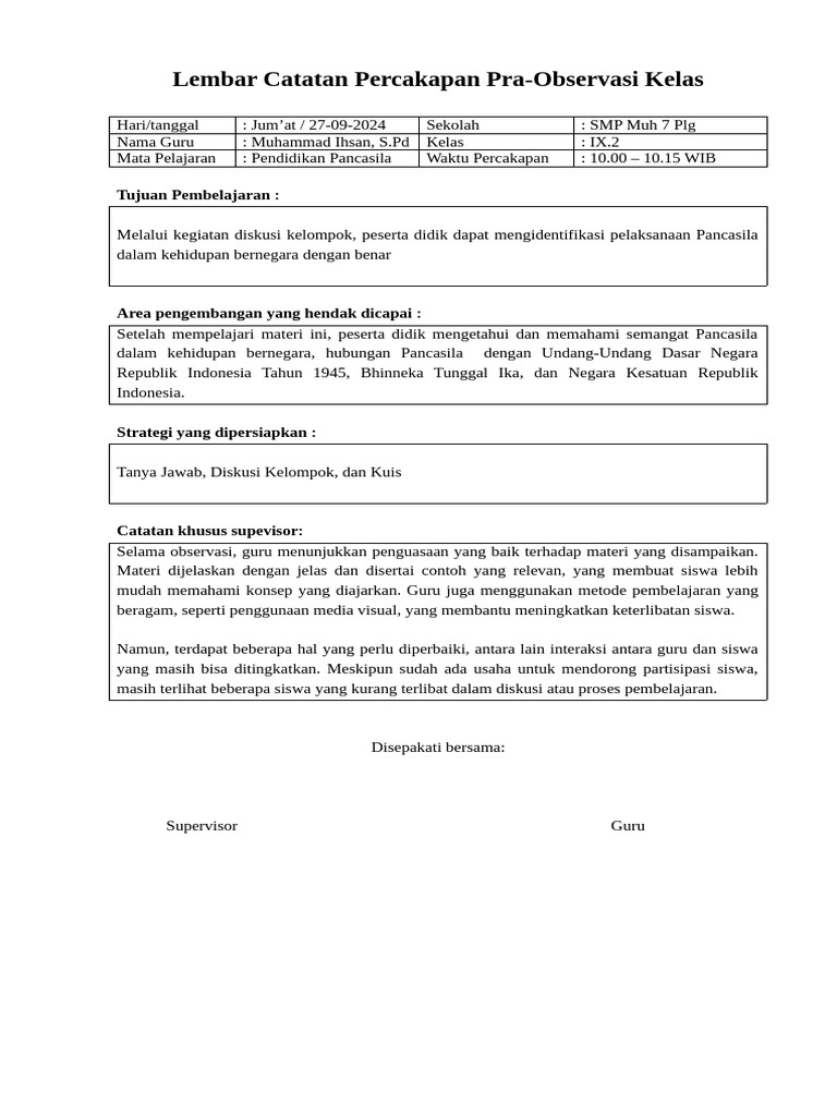 Lembar Catatan Supervisi Muhammad Ihsan, S.PD TA. 2024-2025 | PDF