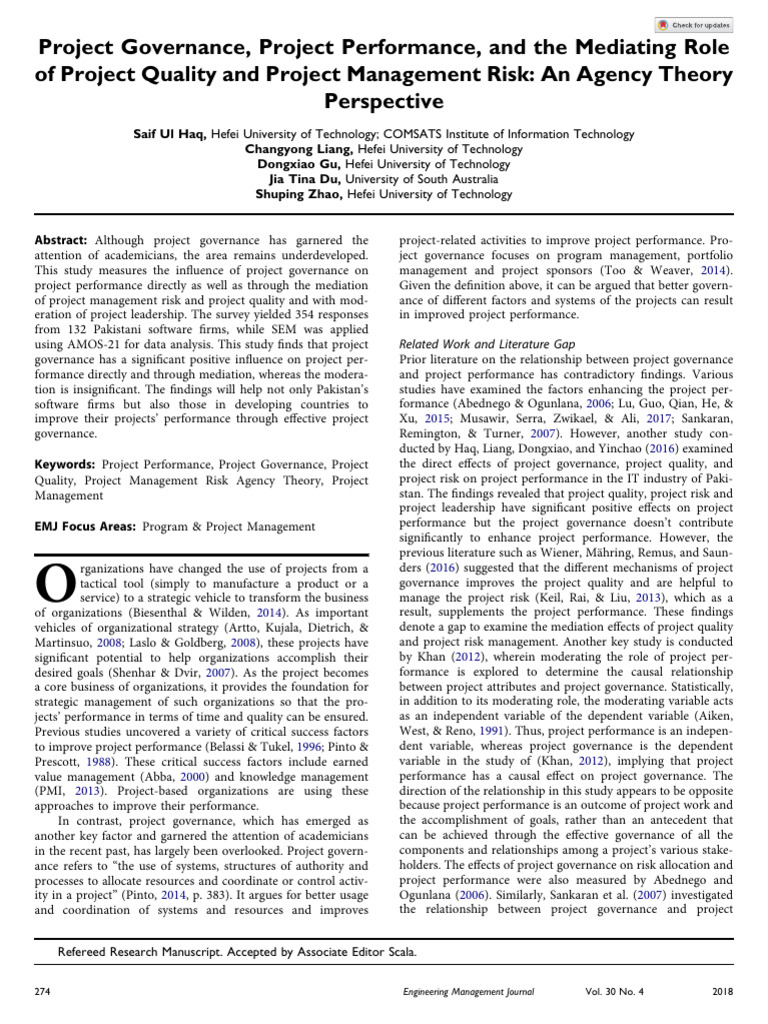 Project Governance, Project Performance, and The Mediating Role of ...