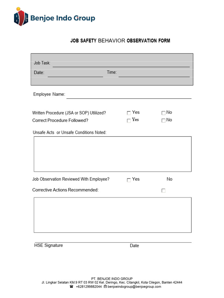 Job Safety Behavior Observation Form | PDF