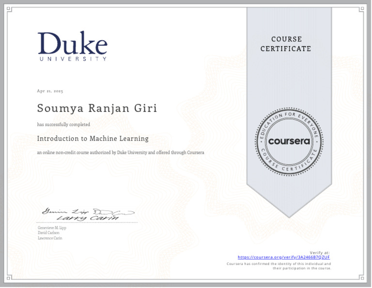 Duke University Machine Learning Course Completion | PDF