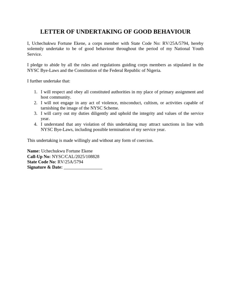 Letter of Undertaking of Good Behaviour | PDF