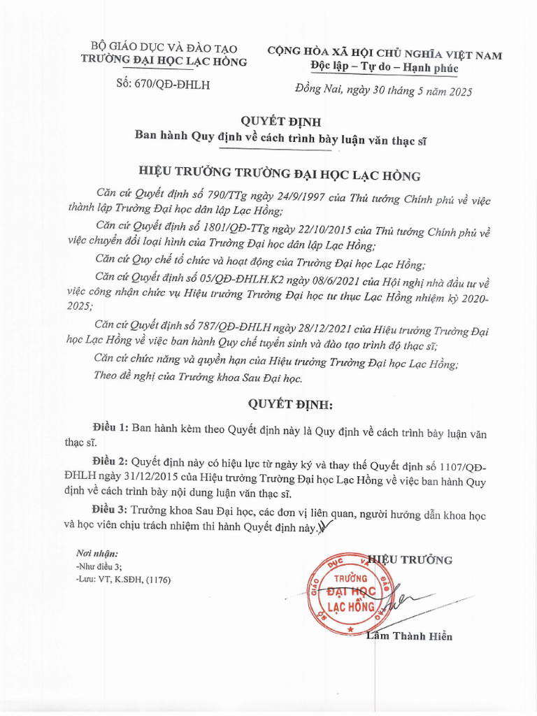 Qd670 Ban Hanh Quy Trinh Ve Cach Trinh Bay Luan Van Thac Si | PDF