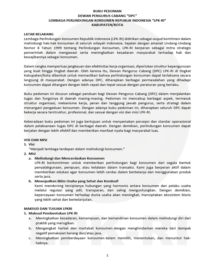 Pedoman DPC LPK-RI untuk Perlindungan Konsumen | PDF