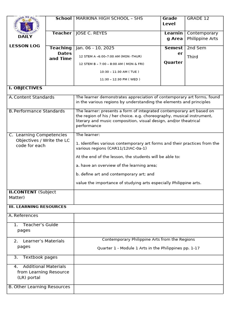 DLL - CPAR - W1 - 24-25revised | PDF | Learning | Teachers