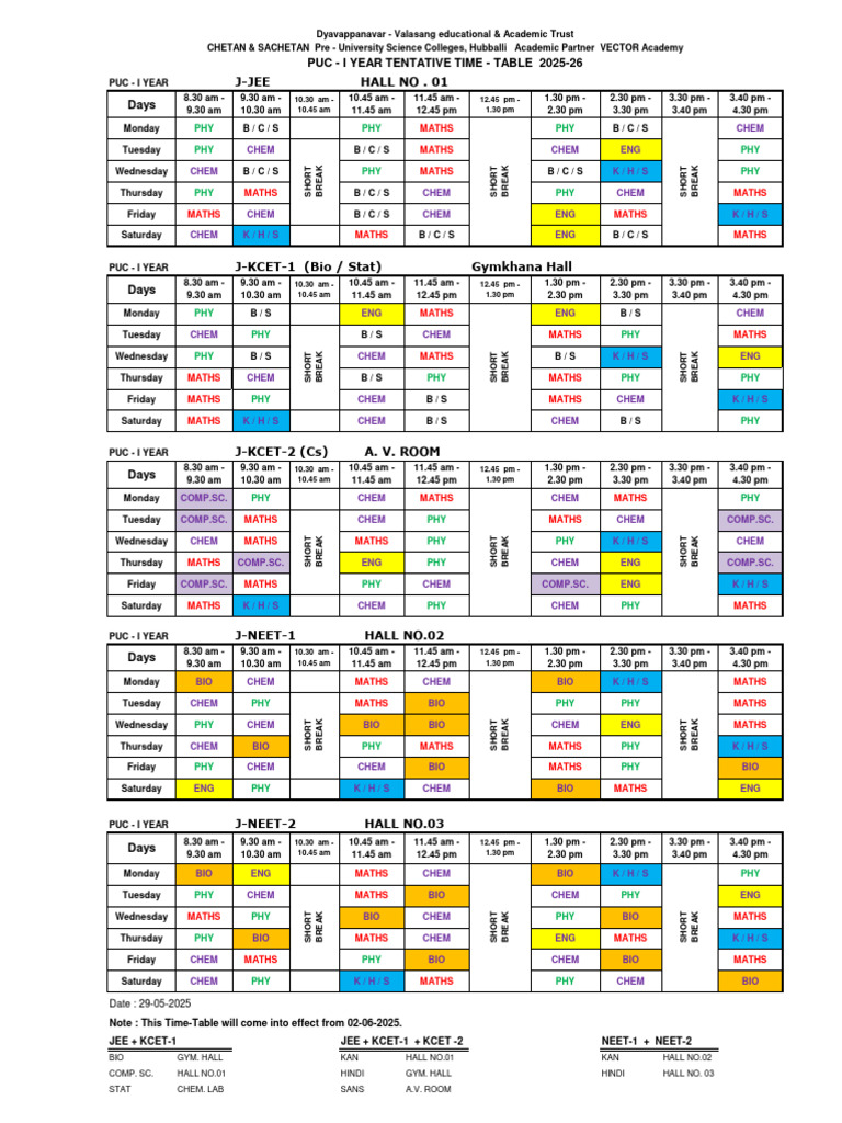 PUC I Year 2025-26 Timetable | PDF