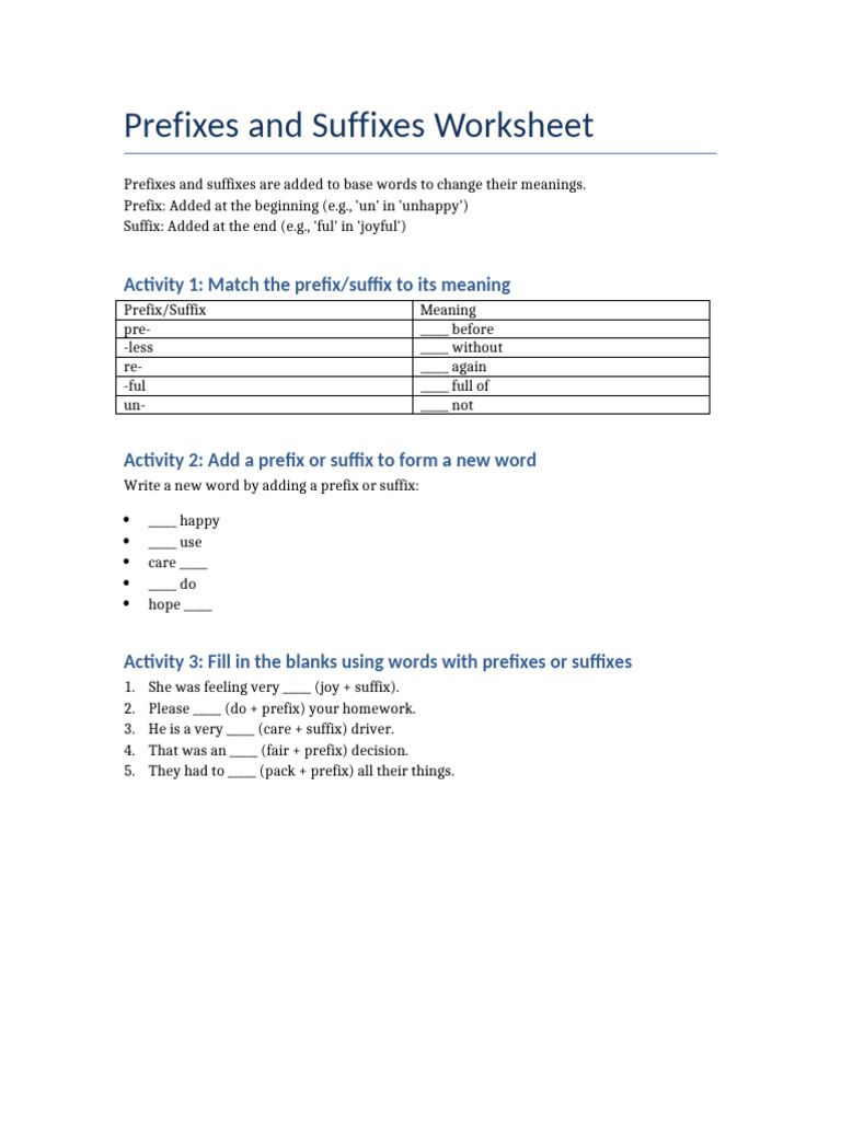 Prefixes and Suffixes Worksheet | PDF