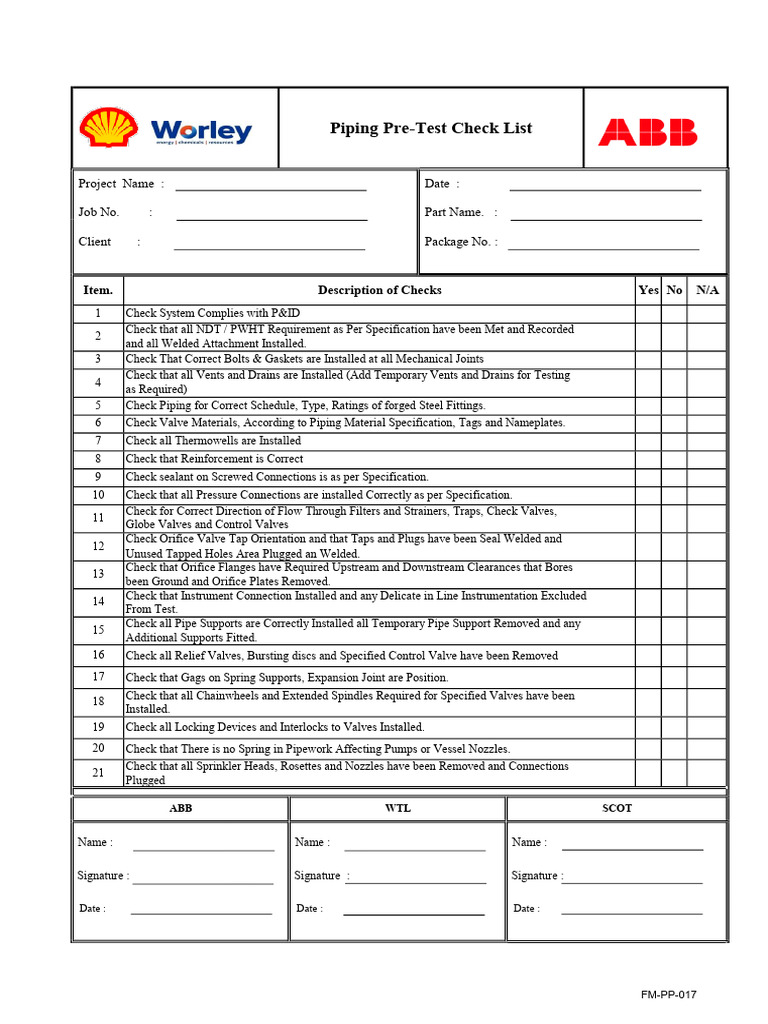 Piping Pre-Test Checklist for Compliance | PDF | Valve | Pipe (Fluid ...