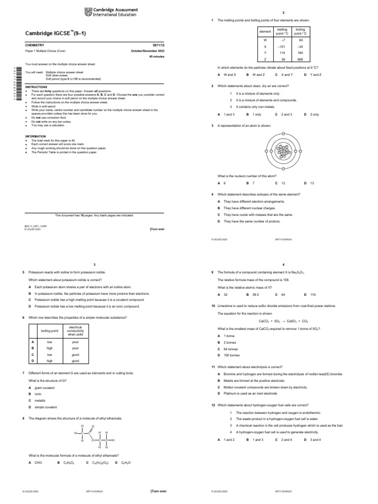 Cambridge IGCSE Chemistry MCQ Paper | PDF | Oxide | Magnesium