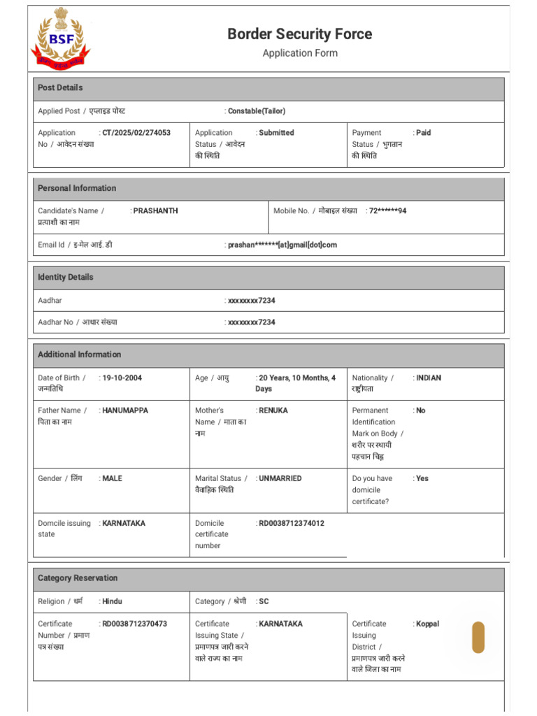 Border Security Force Constable Application | PDF | Justice | Crime ...