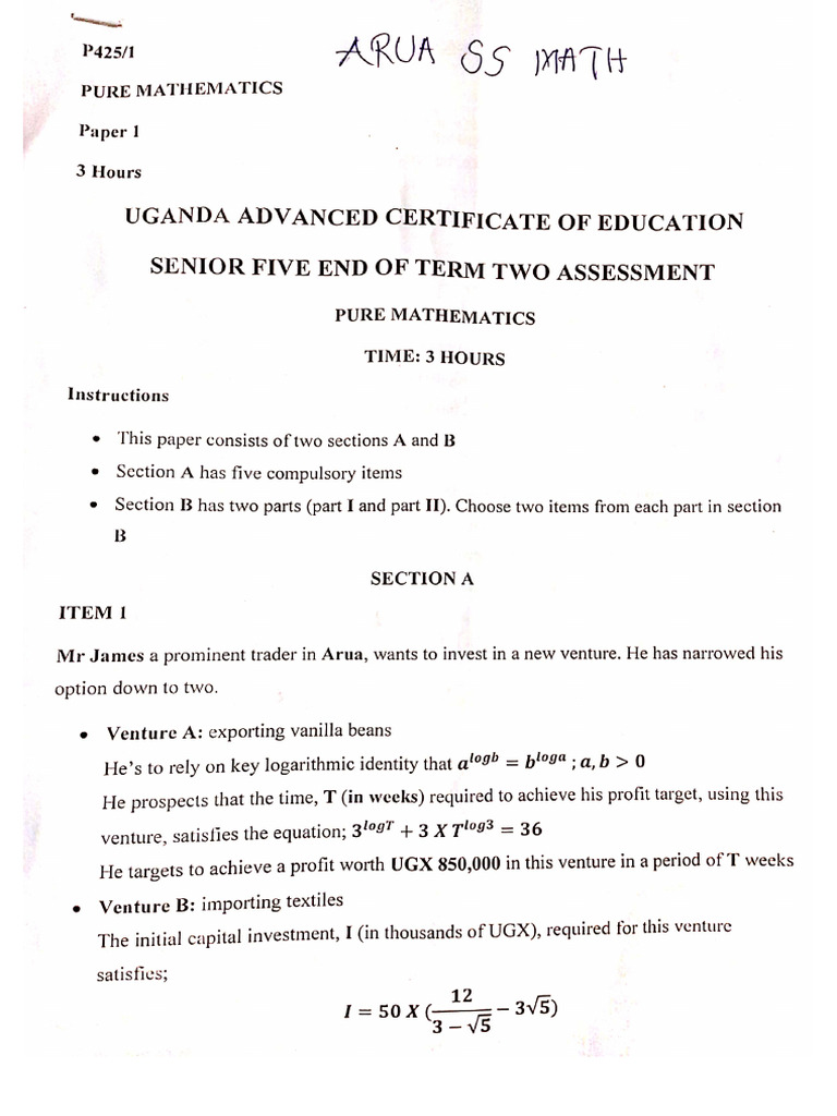 Arua Ss Math End of Term II 2025 | PDF