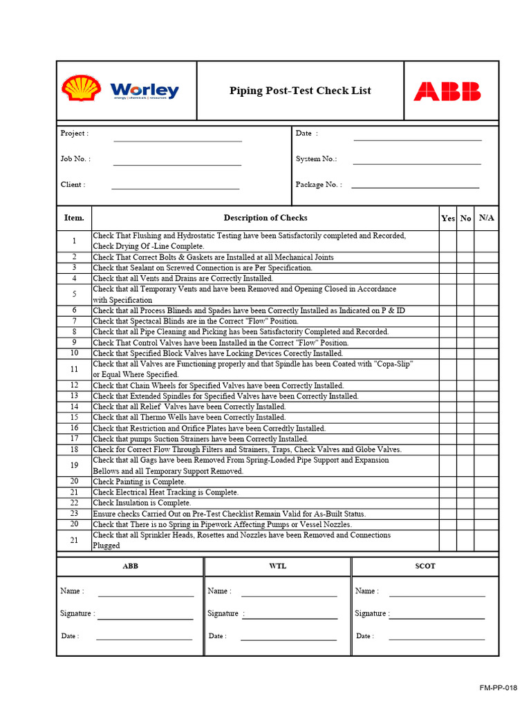 Piping Post-Test Checklist Guide | PDF | Valve | Pump