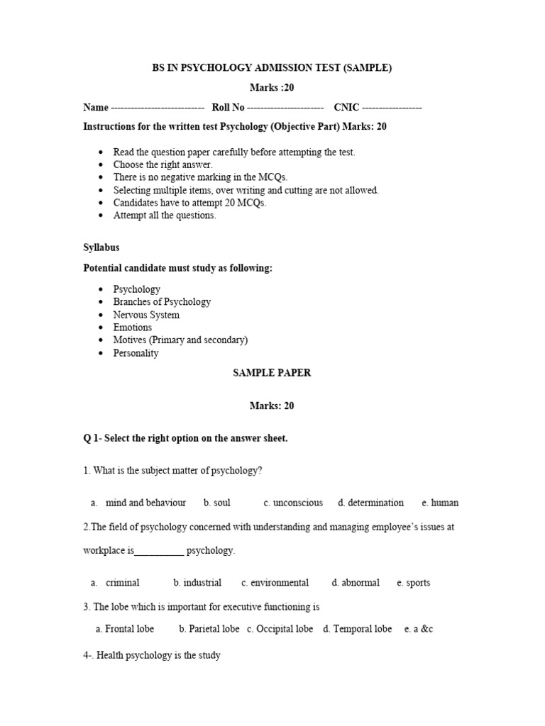 BS Psychology Entry Test Sample Paper | PDF