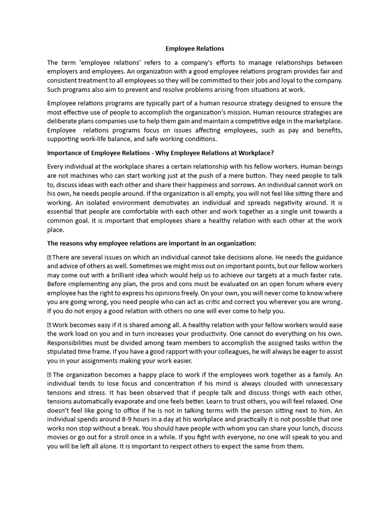 Importance of Employee Relations | PDF | Employment | Human Resources