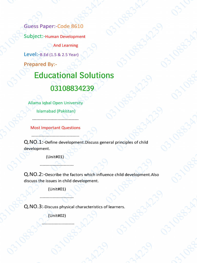 Guess Paper 8610 Educational Solutions | PDF