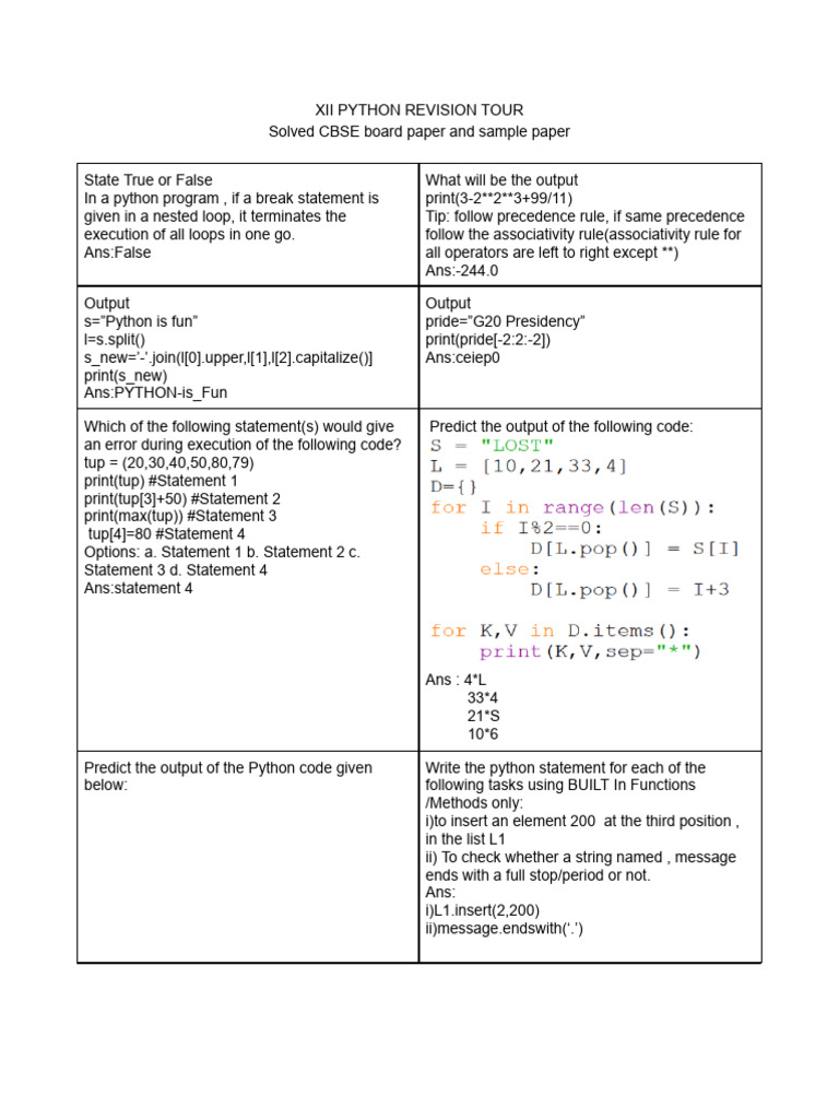 Python Revision: CBSE Sample Questions | PDF | Control Flow | String ...