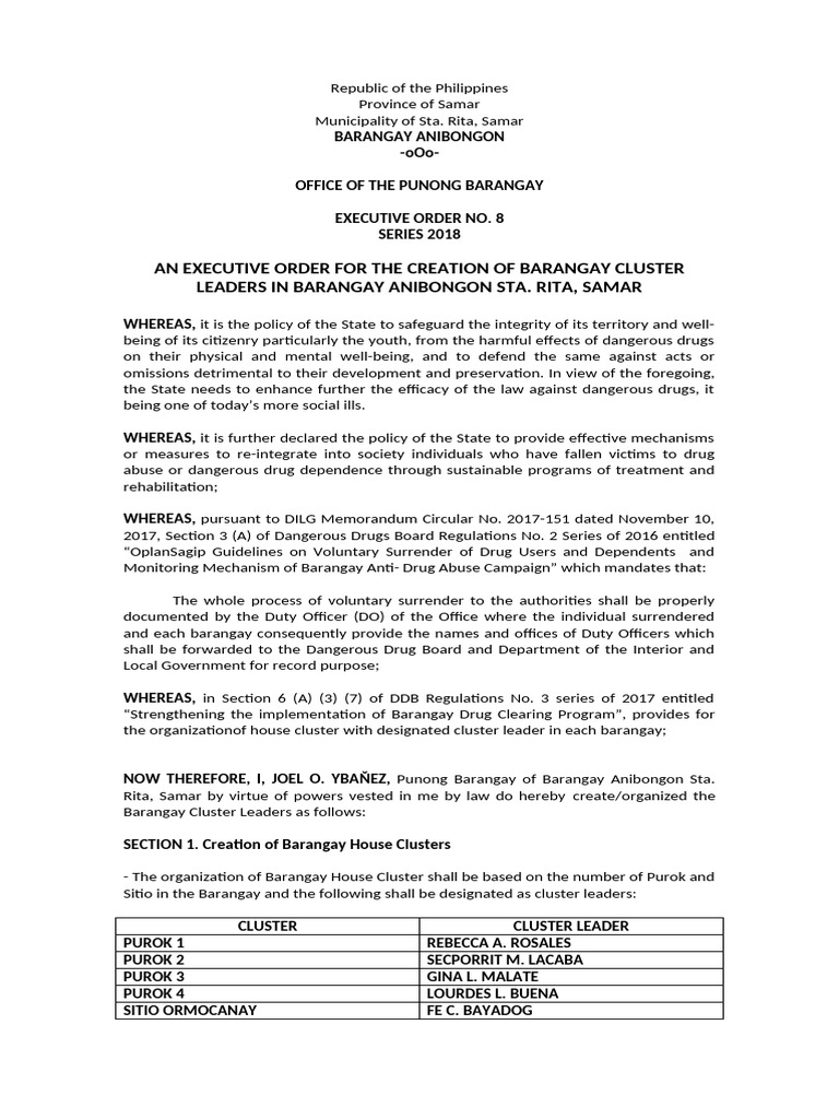 Barangay Cluster Leaders Executive Order | PDF | Justice | Crime & Violence