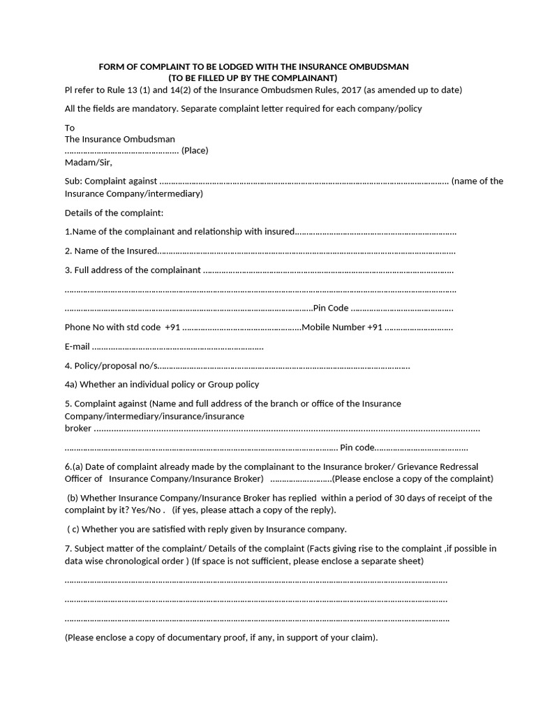 Insurance Ombudsman Complaint Form | PDF