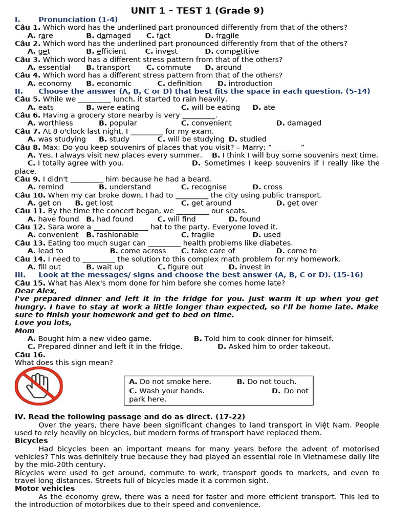 PN Fp9 Test 1 Unit 1 1 | PDF | Transport | Vehicles