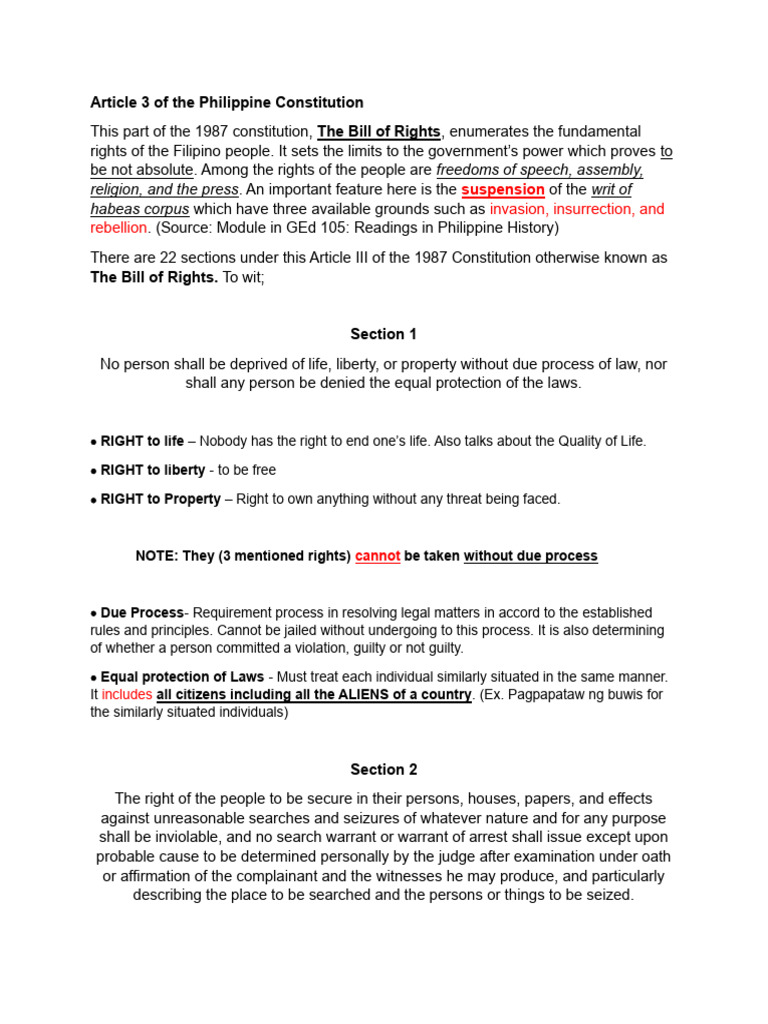 Overview of Article 3: Bill of Rights | PDF | Search And Seizure ...