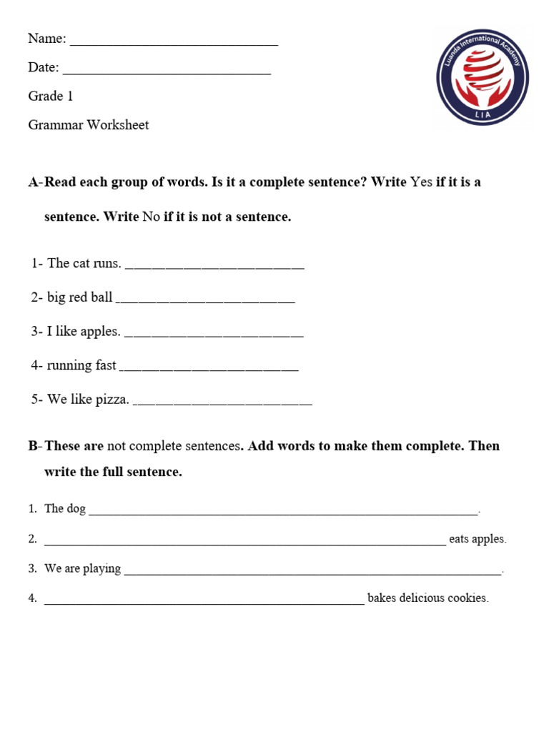 Grammar Worksheet for Grade 1 | PDF