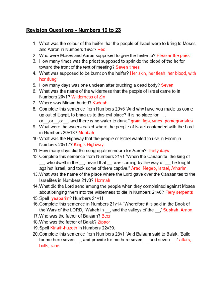 Revision Questions - Numbers 19 To 23 | PDF