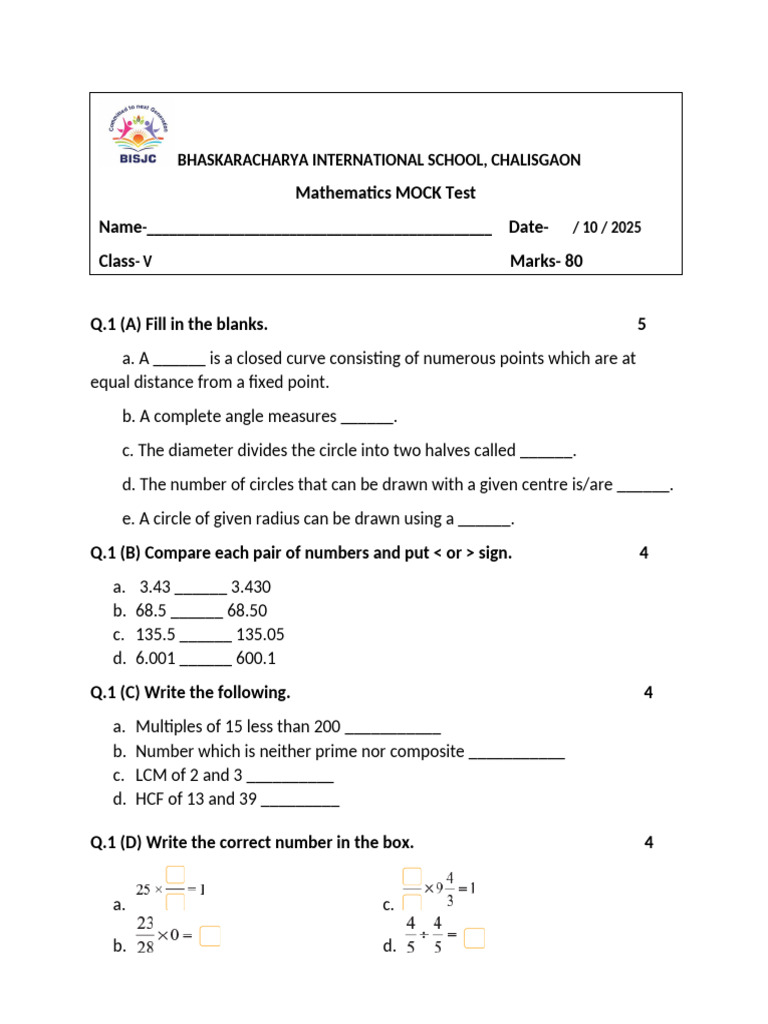 Mathematics Mock Test for Class V | PDF | Circle | Angle