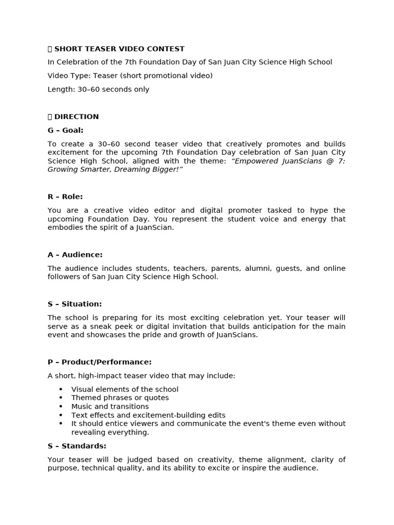 Short Teaser Video Contest | PDF | Communication | Human Communication