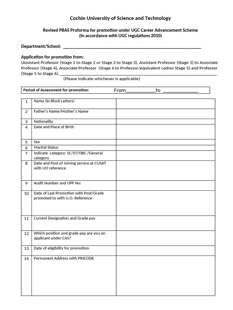 CUSAT PBAS Proforma for UGC Promotion | PDF | Books | Doctor Of Philosophy