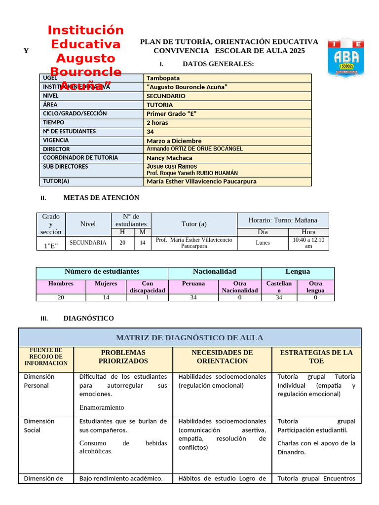Plan de Tutoría y Convivencia Escolar 2025 | PDF | Salón de clases ...