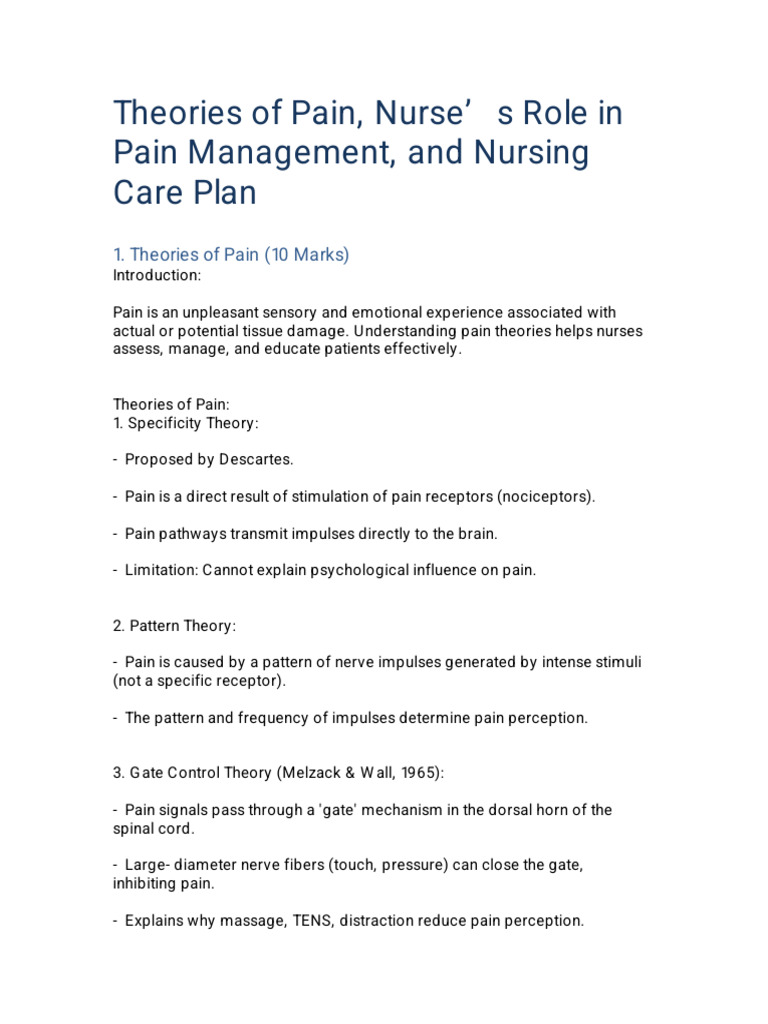 Pain Theories and Nursing Care Plan | PDF | Pain | Pain Management