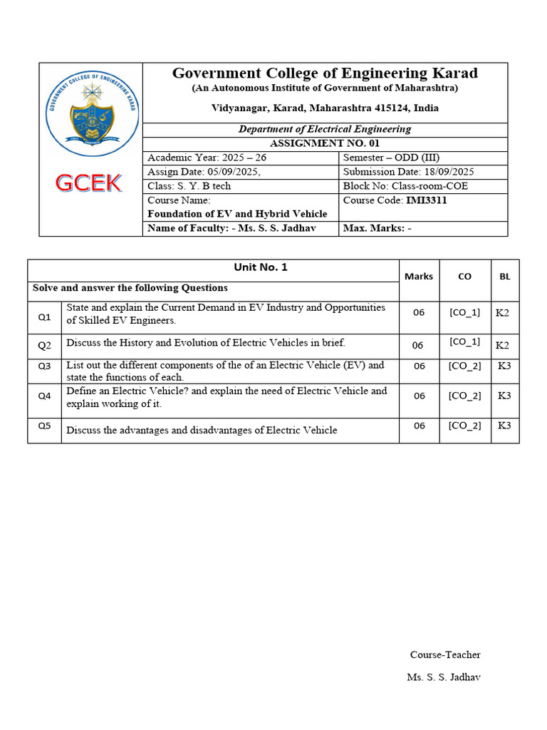 EV and Hybrid Vehicle Assignment 2025 | PDF