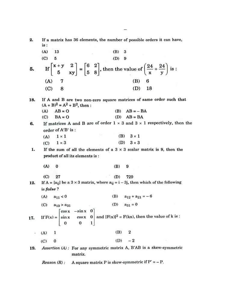Matrices - MCQs - Board Questions - 2023-24 | PDF